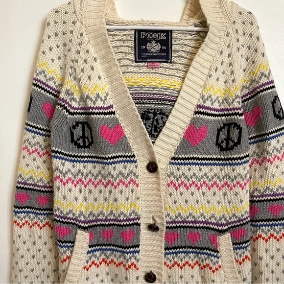 VS PINK peace, love and pink fair isle hoodie heavy knit cardigan sweater - Picture 2 of 14